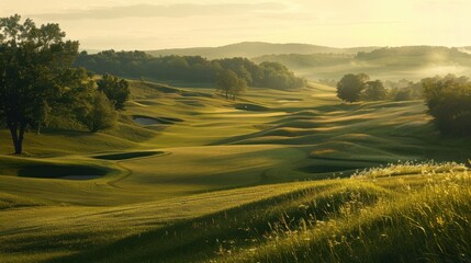 Obraz premium A golf course at dusk with the last light casting a golden hue over the greens and fairways.