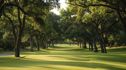 Fototapeta premium A golf course fairway lined with trees, leading to a distant green and flagstick.