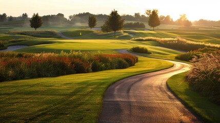 Naklejka premium A golf course with a well-defined path leading to a distant green, framed by beautiful landscaping.