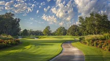 Naklejka premium A golf course with a well-defined path leading to a distant green, framed by beautiful landscaping.