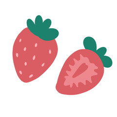 two strawberry illustration full and half slice