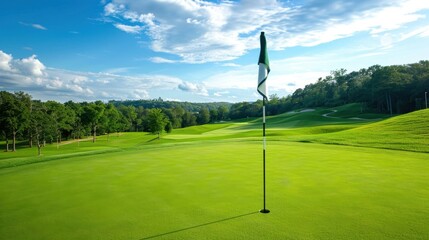 A golf flagstick positioned on a lush green, with a scenic view of the golf course in the background.
