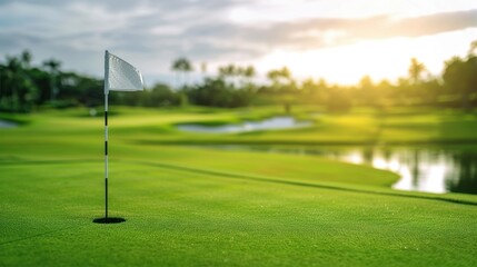 A golf flagstick positioned on a lush green, with a scenic view of the golf course in the background.