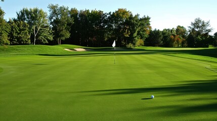 Fototapeta premium A golf green with a series of ball divots and the flagstick in place, ready for a perfect putt.