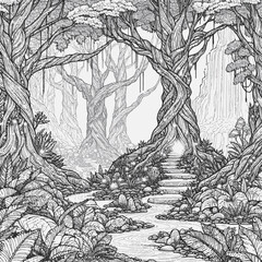 A dense forest with tall, ancient trees, glowing plants, and a winding path vector coloring page 