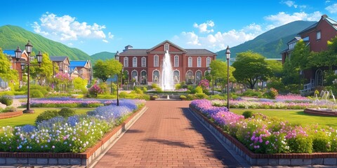 Obraz premium Shiroi Koibito Factory Garden: Located in Otaru, Hokkaido, Japan, this garden imitates the medieval British Tudor-style architecture. The ground is covered with a red brick atrium, fountains and stree