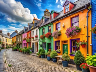 Colorful row of historic buildings lines a charming cobblestone street in Ireland, adorned with vibrant flowers andtraditional Irish pub signs.