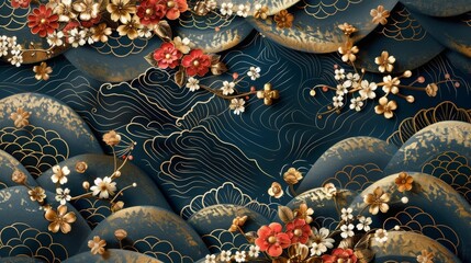 Fototapeta premium volumetric Japanese patterns , gold Japanese patterns , floral Japanese patterns , 3D Japanese patterns