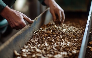 Close-Up of Agricultural Residues Being Loaded into Biomass Conversion Unit Emphasizing Hands-On Production