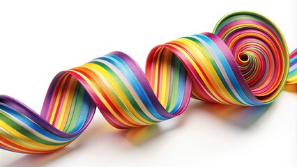 Colorful spiral ribbon unfurls from a central point, its twisted, curved path creating a dynamic, whimsical pattern against a plain white background.