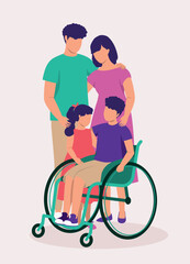 Portrait Of A Young Disabled Little Son In Wheelchair With His Father, Mother And Sister.