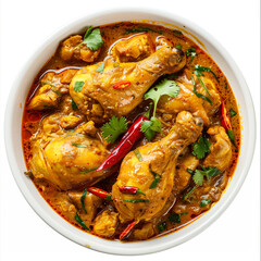 a bowl of chicken curry with a red chili