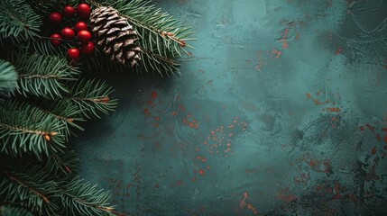 A Christmas tree with a pine cone and berries on top of a green background