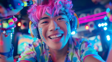 Naklejka premium Portrait, Young Man Live Streaming Video Game With Neon Lights, Smiling, Wearing Headphones.
