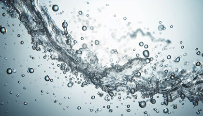 Close up of water droplets floating in the air on white background