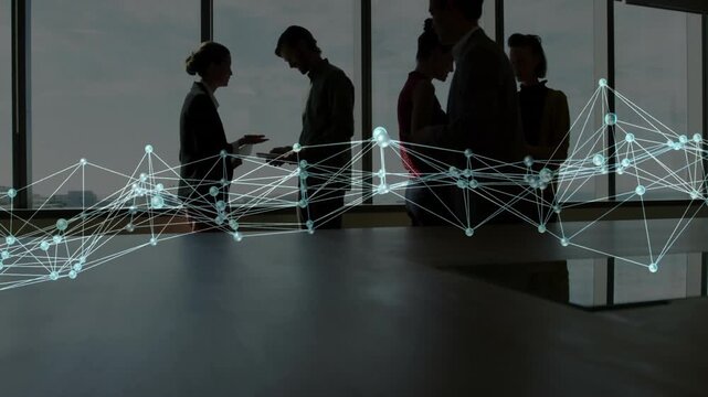 Network of connections and data processing animation over business people in office