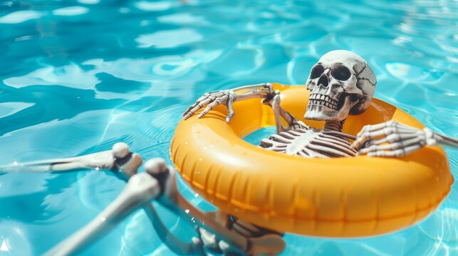 Skeleton Enjoys Summer Relaxation, Floating in a Sparkling Blue Pool with a Yellow Inflatable Ring