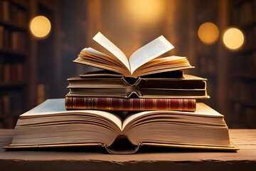 Obraz premium A stack of books with one open on a table