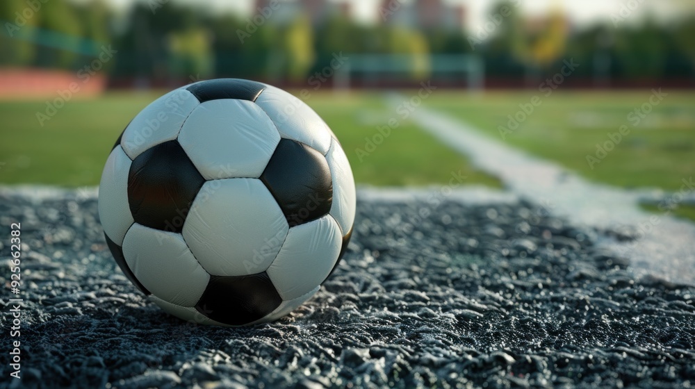 Wall mural Closeup of a soccer ball on a football field.