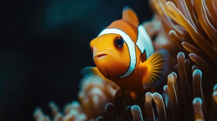 Close-Up Macro Shot of a Colorful Clownfish for Marine Photography, Ocean Aquatic Life Underwater Exploration, Background Wallpaper