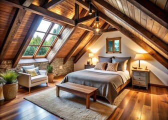 Naklejka premium Cozy attic bedroom with wooden beams and rustic decor, featuring a sloping ceiling that adds to the intimate and snug ambiance of the space.