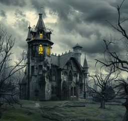 A dark, eerie Gothic castle stands under a stormy sky, with glowing windows and barren trees.