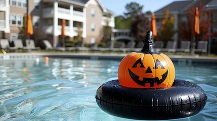 Inflatable Halloween Pumpkin Decoration Floating in a Swimming Pool at an Apartment Complex
