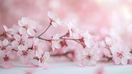 Fototapeta premium Delicate cherry blossom branches, soft pink petals, white wooden table surface, pastel pink bokeh background, gentle spring atmosphere, copy space for text, minimalist floral composition.
