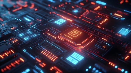 Fototapeta premium Futuristic cybersecurity interface, holographic digital landscape, floating lock icons, glowing circuit board patterns, neon blue data streams, abstract tech symbols, advanced AI protection system.