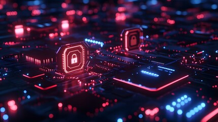 Futuristic cybersecurity interface, holographic digital landscape, floating lock icons, glowing circuit board patterns, neon blue data streams, abstract tech symbols, advanced AI protection system.