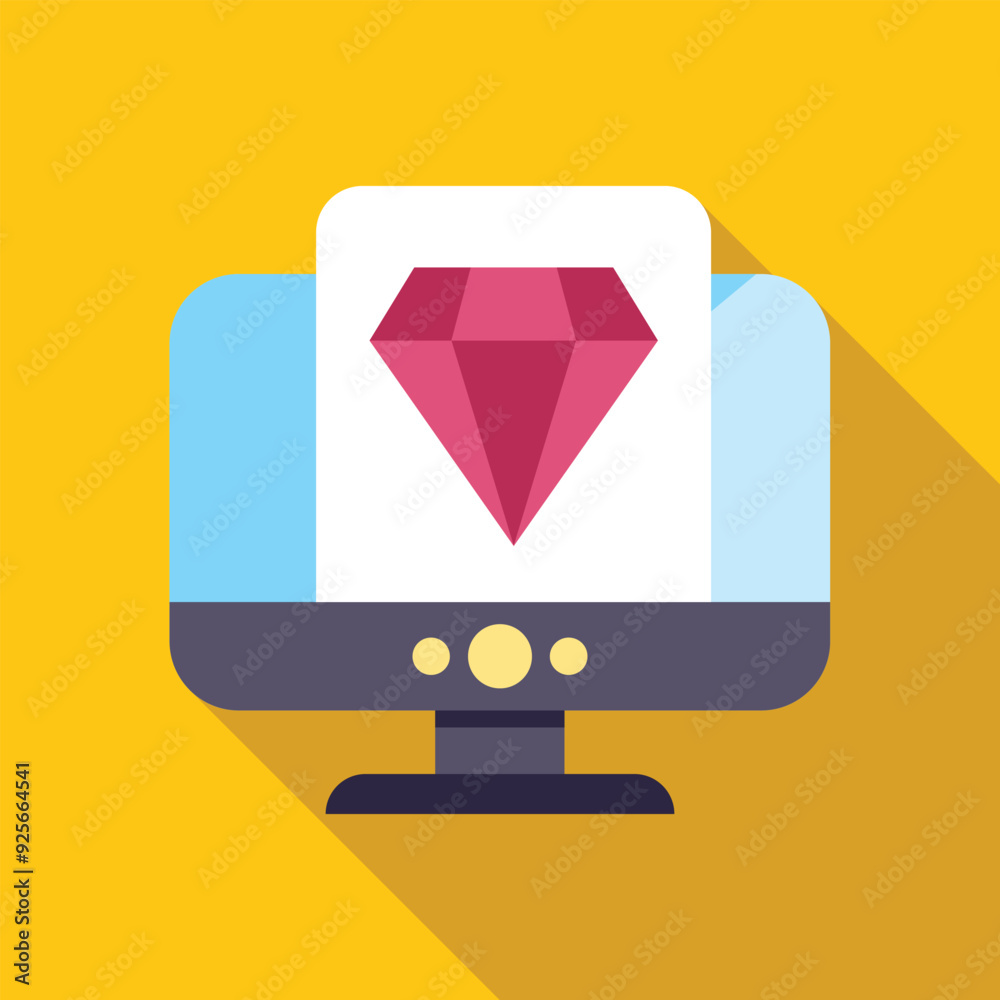 Canvas Prints Minimalist flat vector illustration representing a desktop computer displaying a big pink diamond, concept for online jewelry store