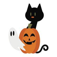 Halloween ghost, pumpkin and black cat vector cartoon illustration