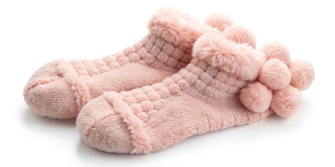 Cozy pair of soft, pastel pink fluffy socks with pom-poms, gently curled up on a white background, evoking warmth, comfort, and relaxation.