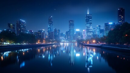 Obraz premium Illuminated city skyline, vibrant night lights, reflection on calm river, modern skyscrapers, dark blue sky, twinkling stars, bustling urban environment, high-resolution photograph, serene riverbank.