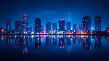 Obraz premium Illuminated city skyline, vibrant night lights, reflection on calm river, modern skyscrapers, dark blue sky, twinkling stars, bustling urban environment, high-resolution photograph, serene riverbank.