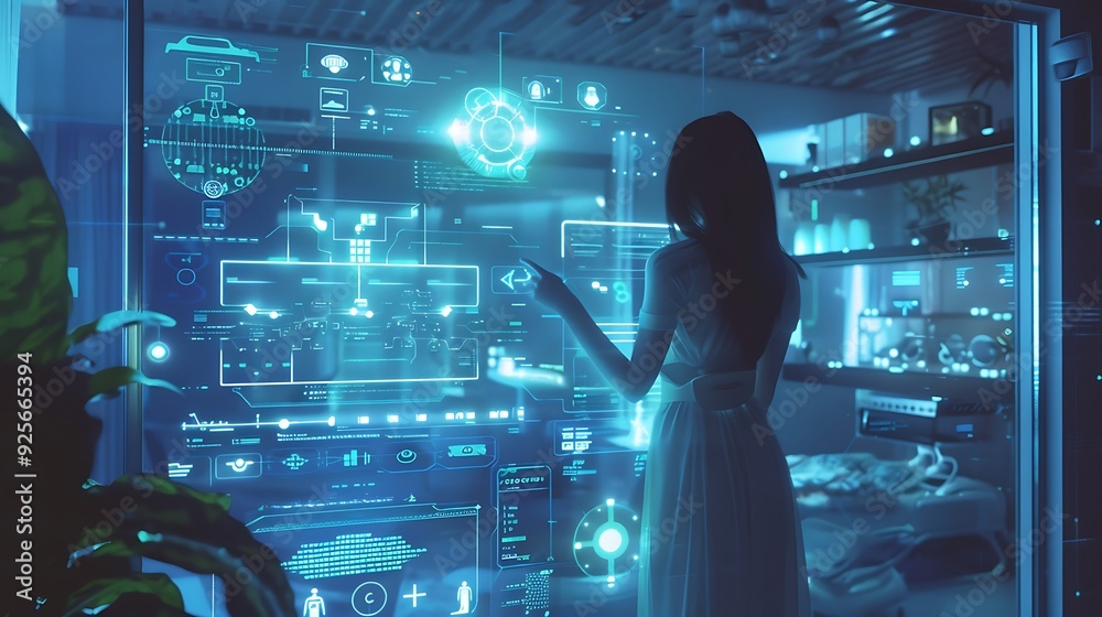 Poster woman interacting with futuristic digital interface, exploring data and information in a modern tech