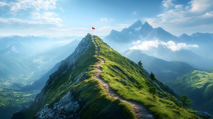 Majestic mountain peak, winding path to summit, red flag at the top, clear blue sky, bright sunlight, verdant green slopes, panoramic mountain range view, rolling hills, distant misty valleys.