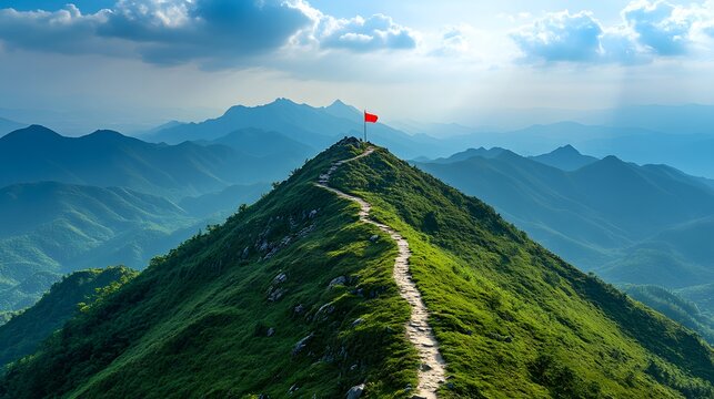 Majestic mountain peak, winding path to summit, red flag at the top, clear blue sky, bright sunlight, verdant green slopes, panoramic mountain range view, rolling hills, distant misty valleys.