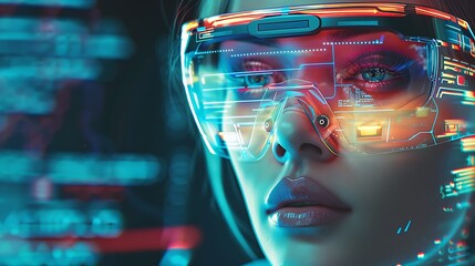 woman in futuristic glasses looks at a hologram, showcasing advanced technology, the potential of augmented reality, and a glimpse into a cyber future.
