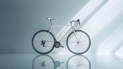 Minimalist white road bicycle, sleek modern design, clean white wall background, reflective white floor, single speed bike, drop handlebars, thin tires, elegant simplicity, showroom display.