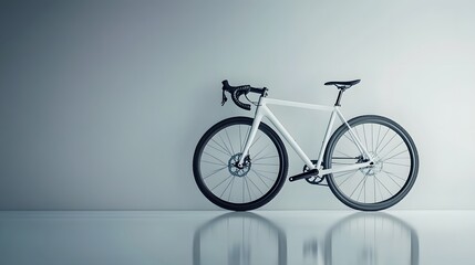 Fototapeta premium Minimalist white road bicycle, sleek modern design, clean white wall background, reflective white floor, single speed bike, drop handlebars, thin tires, elegant simplicity, showroom display.