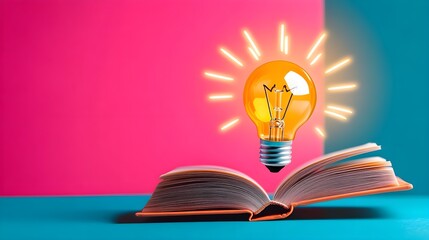 Flat-style educational app icon, a book with a lightbulb symbol in the center, using contrasting pastel colors, optimized for clarity at small resolutions