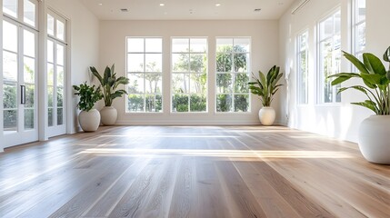Minimalist yoga studio, soft natural lighting, white walls, wooden floor, clean lines, potted green plants, serene and tranquil atmosphere, inviting wellness space, Zen-inspired design.