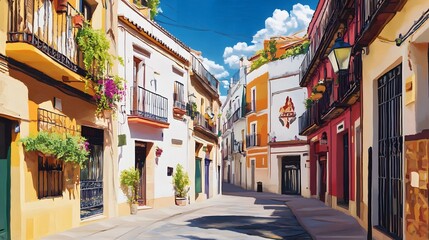 Naklejka premium Spanish Flat Design Street Corner, Romantic Realism Art, Vibrant Street Life, Cultural Heritage Highlight