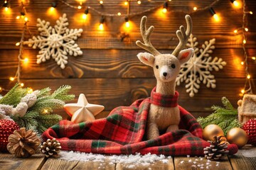 Cozy winter scene with festive holiday decorations, snowflakes, and plush reindeer surrounded by warm golden lighting and wrapped in rustic red and green buffalo plaid.