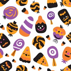 A vibrant and fun pattern of Halloween-themed candies with purple, orange, and black colors. The composition creates a festive atmosphere.