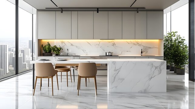 Modern minimalist kitchen, white marble countertops and backsplash, sleek island with integrated dining table, light wood chairs, soft ambient lighting, potted plants, clean lines, bright and airy spa