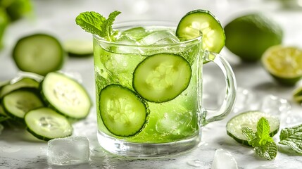 Refreshing cucumber lime cocktail, clear glass mug, white marble countertop, vibrant green drink, ice cubes, cucumber slices, fresh mint leaves, lime wedges, condensation droplets, soft natural lighti