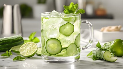 Refreshing cucumber lime cocktail, clear glass mug, white marble countertop, vibrant green drink, ice cubes, cucumber slices, fresh mint leaves, lime wedges, condensation droplets, soft natural lighti