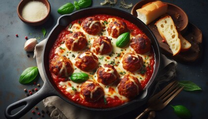 delicious Chicken Parm Meatball Skillet in a pan